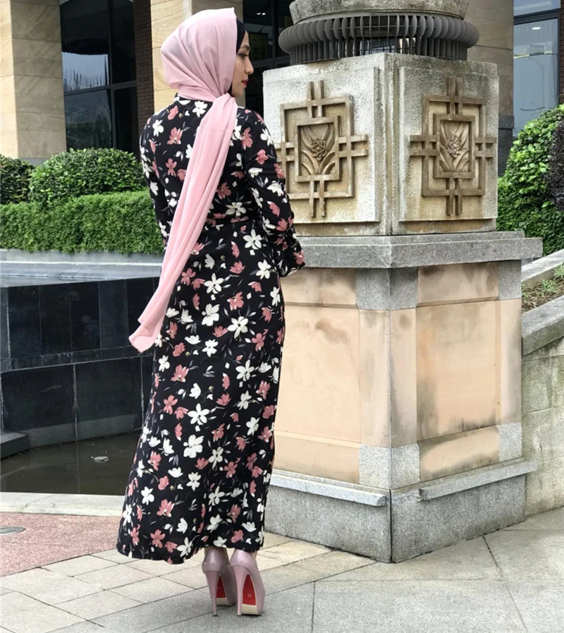 Женское мусульманское платье, черное, белое, с цветочным принтом, абайя, платье, кардиган, Исламская одежда, Сауди, арабский турецкий халат, Musulman