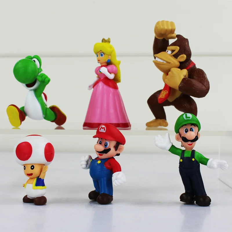 6Pcs/Lot Super Mario Bros Figures Mario Luigi Yoshi Toad Mushroom Princess Peach Donkey Kong Model Toys Dolls Kid Gift
