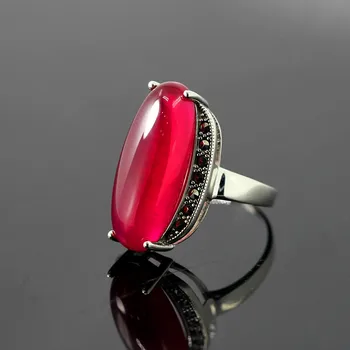 

Ring For Women 24mm Long Gemstone Green Chalcedony Ruby Vintage 100% 925 Sterling Silver Wedding Fine Jewelry Best Gift