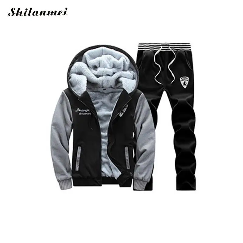 Новый Повседневное спортивный костюм Для мужчин s комплект зимние теплые комплекты из двух предметов Для мужчин флис толстый куртка