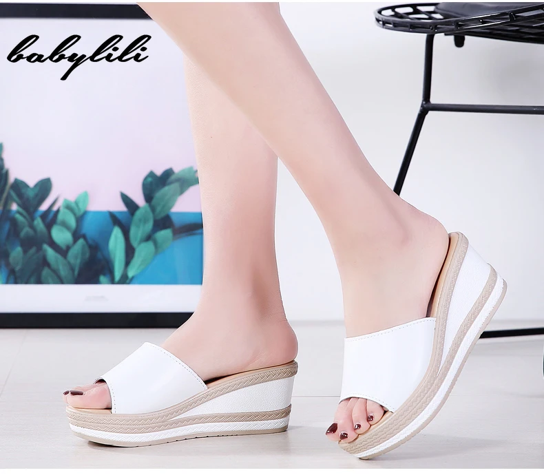 

Slides Ladies Mules Shoes Women Flip Flop Retro Summer Shoes Women Sandals Wedge Genuine Leather Slippers Slip on Sandals