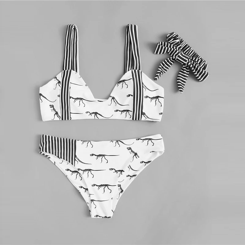 

Sport Bikinis Set Dinosaur Print Swimwear With Headband 3pack Women Sexy Low Rise Swimsuit Summer Vacation Beachwear