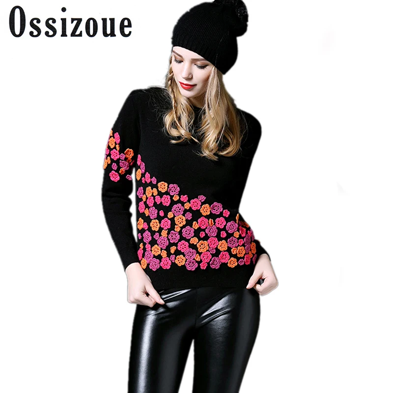 

OSSIZOUE Luxury Brand Designer Runway Sweater 2017 Autumn Winter Fashion 3D Flowers Embroidery Silk Pullovers and Sweaters Tops