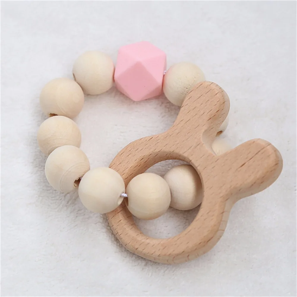 

Mom Kids Wooden Baby Bracelet Silicone Beads Baby Rattle Stroller Toys Shaped Jewelry Teething For Baby Organic Wood