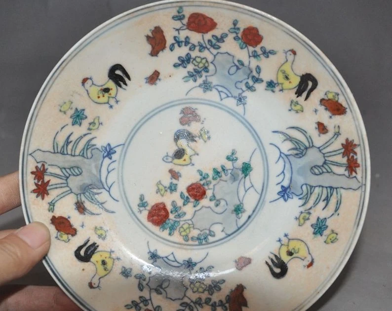 

7" marked China old Wucai Porcelain Depict Chicken flower tree Dish Tray Plate