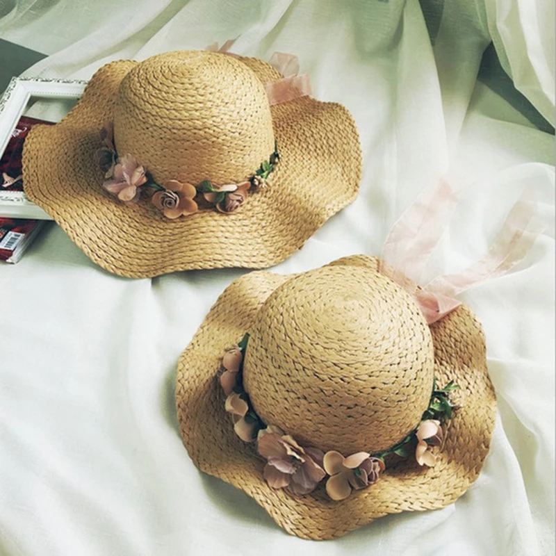 

Summer Women wave Straw Caps Eaves Flower Big Sunshade Hat Beach sun Caps