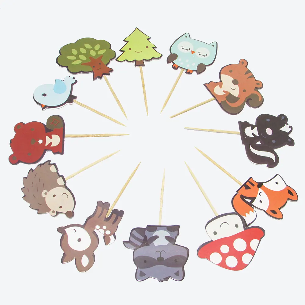 

12pcs/lot Forest Animals Cupcake Topper Outdoor Wedding Jungle Birthday Party Dessert Cupcake Decorating Supplies Cake Picks