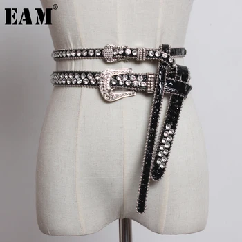 

[EAM] 2020 New Spring Summer Pu Leather Black Rhinestone Stitch Personality Long Belt Women Fashion Tide All-match JT450