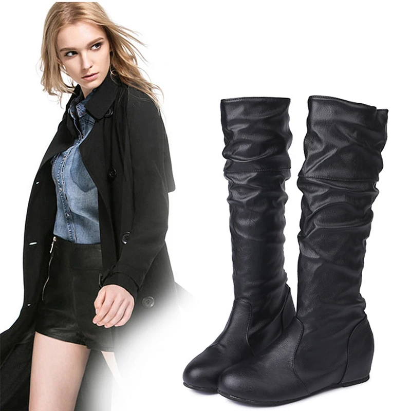 

Winter Boots Women Pu Leather Mid-calf Boots Female Motocycle Boots Fur Increased Height Waterproof Winter Shoes QVT47