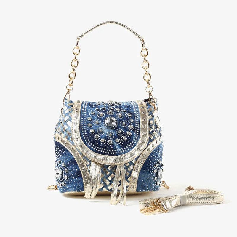 

New Women Denim Bags Jeans Handbag 2017 High Quality Ladies Bags With Diamonds Rivet Messenger Bags Women's Shoulder Bag
