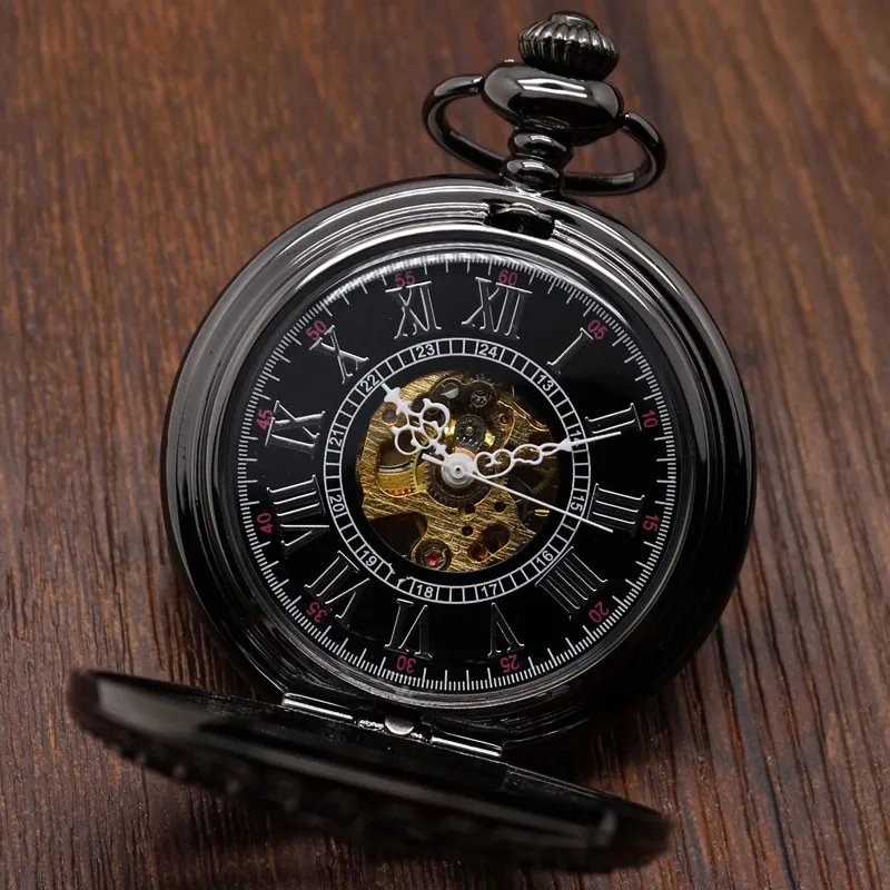 Модные черные стимпанк карманные часы Элитный бренд Модные Часы с костями Рука Ветер Механические карманные часы с подарочной коробке