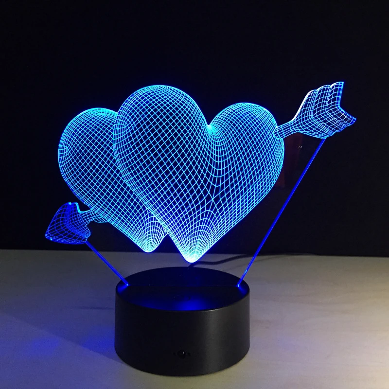 lampara 3d de doble corazon para bebe luz nocturna led de 7 colores interruptor remoto acrilico lamparas de cristal usb para dormitorio lampara de