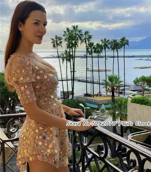 

Women Puff Sleeves Sparkly Sequins Floral Lace Ace Mini Dress With Paillettes Throughout