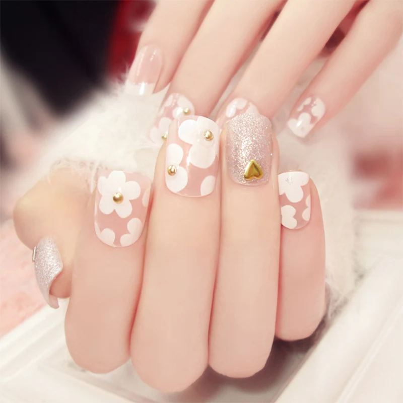 

24Pcs/set Full Cover Square Head False Nails Simple Fake Nails Flower Printing Artificial Nail Art Tips With Glue
