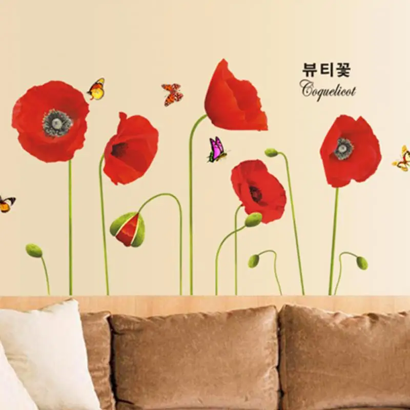 

50*70CM Red Poppy Flowers Butterflies Bedroom Wall Stickers Art Decal Wallpaper Mural Home Decor TV Background