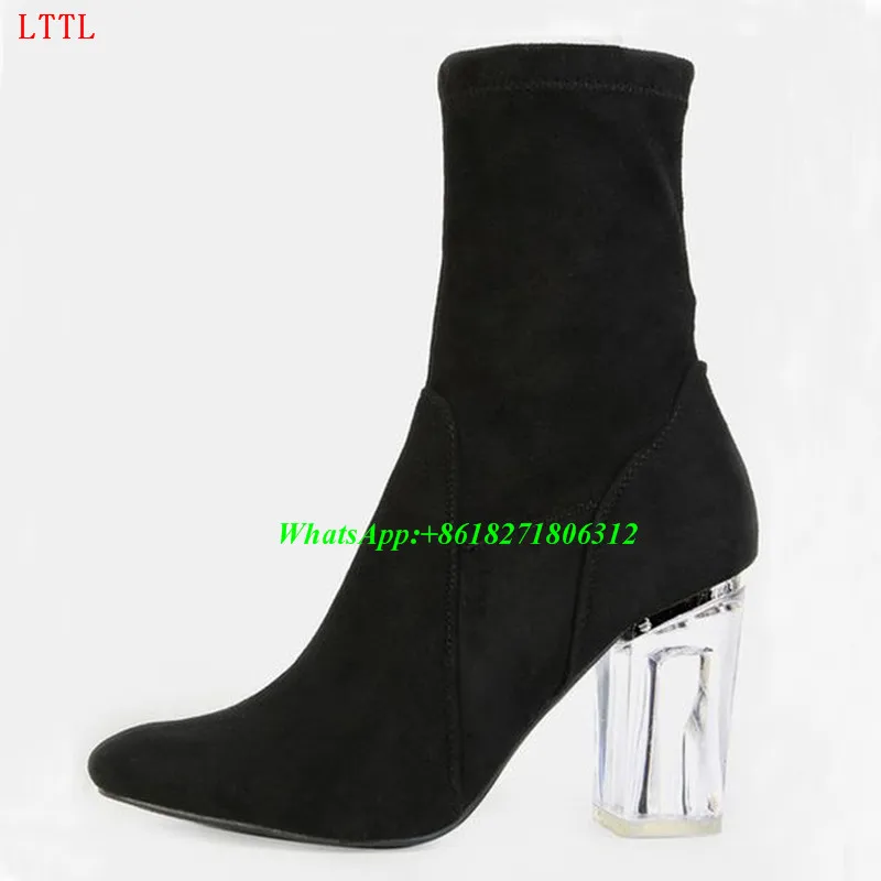 

Bottes Femmes Faux Suede Crystal Heel Booties Black Clear Perspex Chunky Heels Ankle Boots Fashion Zip Pointed Toe Women's Boots