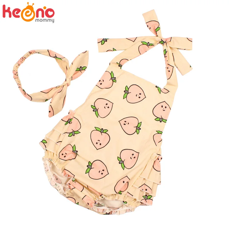 

Cartoon Baby Girls Sleeveless Ruffles Romper Jumpsuit+Headband 2PCS Set Smile Peach Printed Summer Sunsuit Toddler Clothes