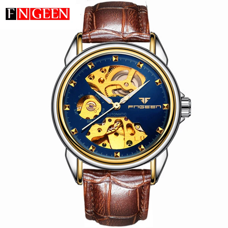 

FNGEEN Mechanical Watch Men Skeleton Gold Watch Leather Strap Automatic Mechanical Mens Watches Waterproof Self-winding Clock