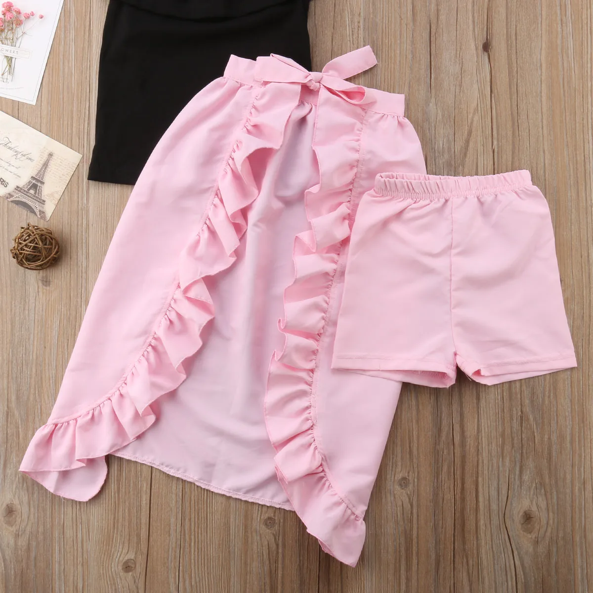 3 Pcs 2 Colors Toddler Baby Girl Kid Summer Off Shoulder Ruffle Asymmetrical Stylish Dress T-shirt Top+Shorts Pants Clothes Sets