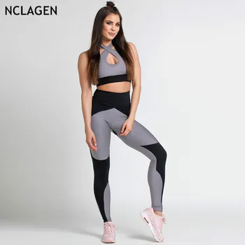 

NCLAGEN 2019 New Contrast Color Patchwork Women GYMs Set Sexy Bust Hollow Out Cropped Tops Tanks & Booty Leggings Tracksuits