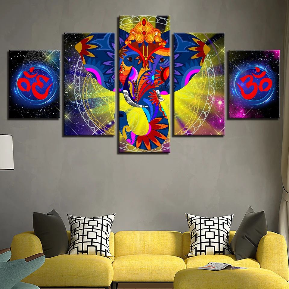

Canvas Printed Poster Modular Home Decor 5 Pieces India Elephant Ganesha Painting Psychedelic Om Mandala Art Pictures Wall Frame