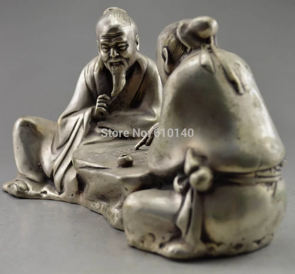 

Collectible Decorated Old Handwork Tibet Silver Carved 2 Elder Play Chess Statue