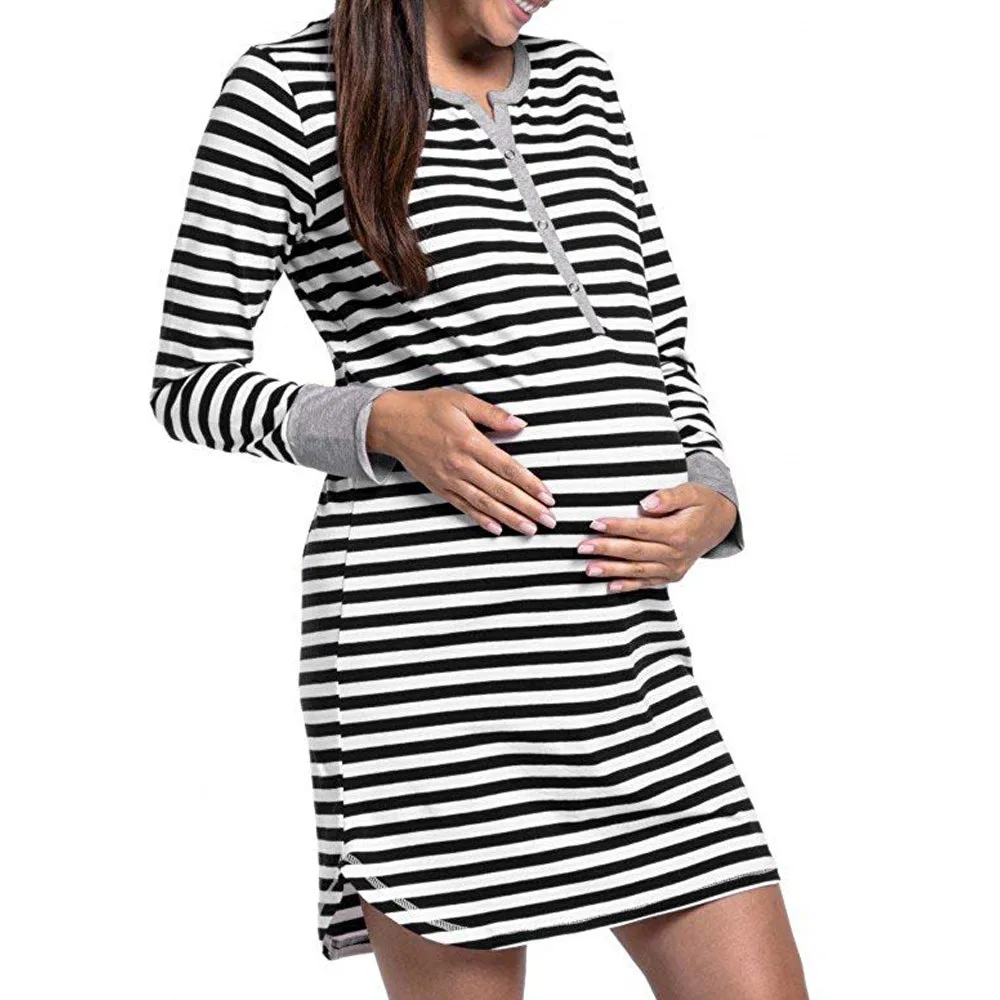 Женская ночная рубашка на пуговицах с длинным рукавом в полоску для кормящих матерей, платье для кормящих матерей размера плюс, Одежда для беременных