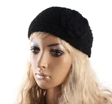 New Arrival Black Camellia Flower Crochet Knit Knitted Headwrap Headband Ear Warmer Hair Muffs Band Winter