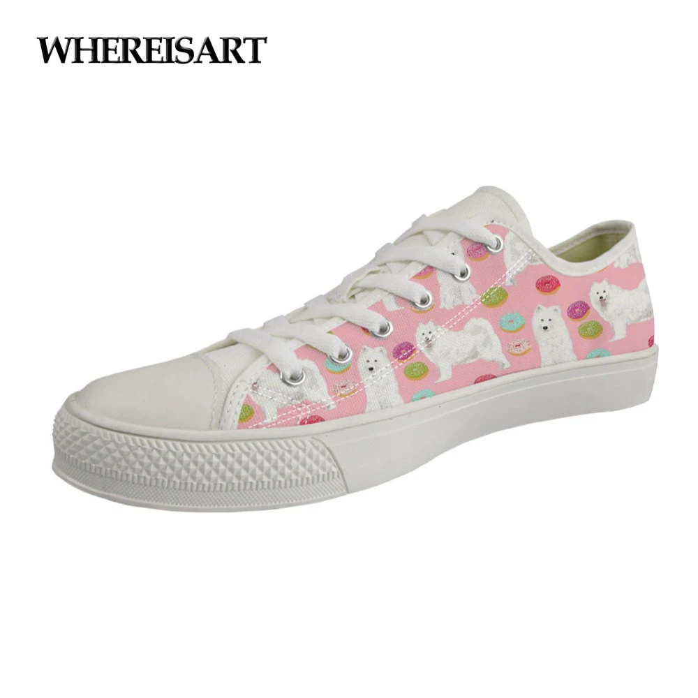 

WHEREISART Fashion Cartoon Samoyed Dog Printing Women Lacing Low Canvas Shoes Female Flats Sneakers Shoes Vulcanize Shoes Women
