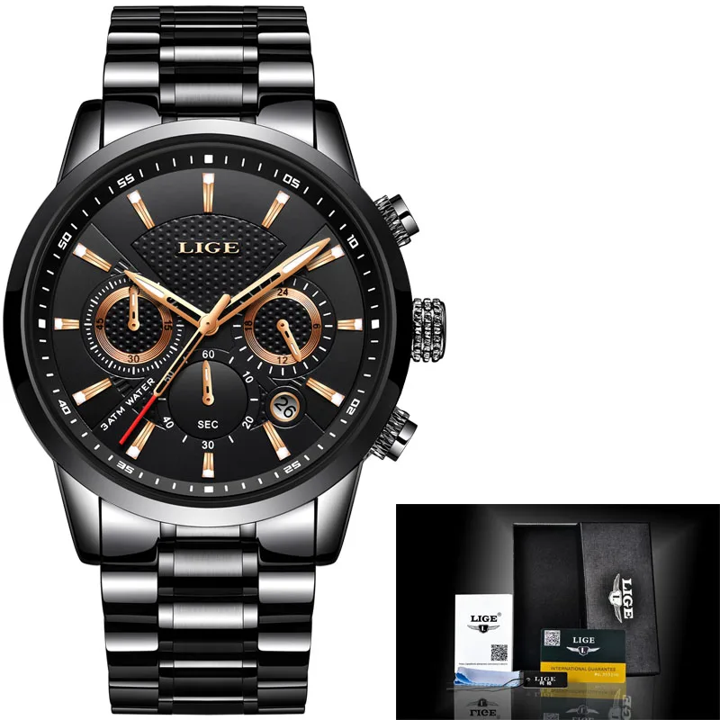 LIGE Mens watches To Luxury Brand Business Quartz Watch Men Military Sports Waterproof Dress Wristwatch Relogio Masculino - Цвет: S All  black