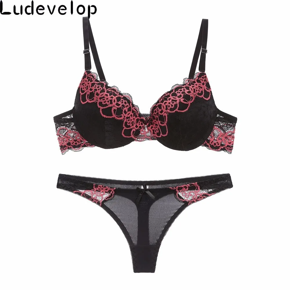 french knickers set New Sexy Brassiere lady push up bra set Lace embroidery bralette Underwear Panty Set Intimates Black Red Women Bra Thong Set sexy bra and panty set Bra & Brief Sets