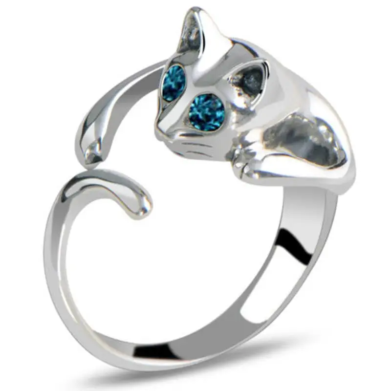 

LNRRABC new 1Pcs Silver Color Fashion Cat Animal Blue Eyes Ring Crystal Cute Ring Kitten rings for women jewelry anillos