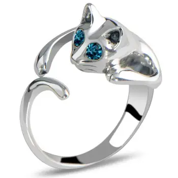 

LNRRABC new 1Pcs Silver Color Fashion Cat Animal Blue Eyes Ring Crystal Cute Ring Kitten rings for women jewelry anillos