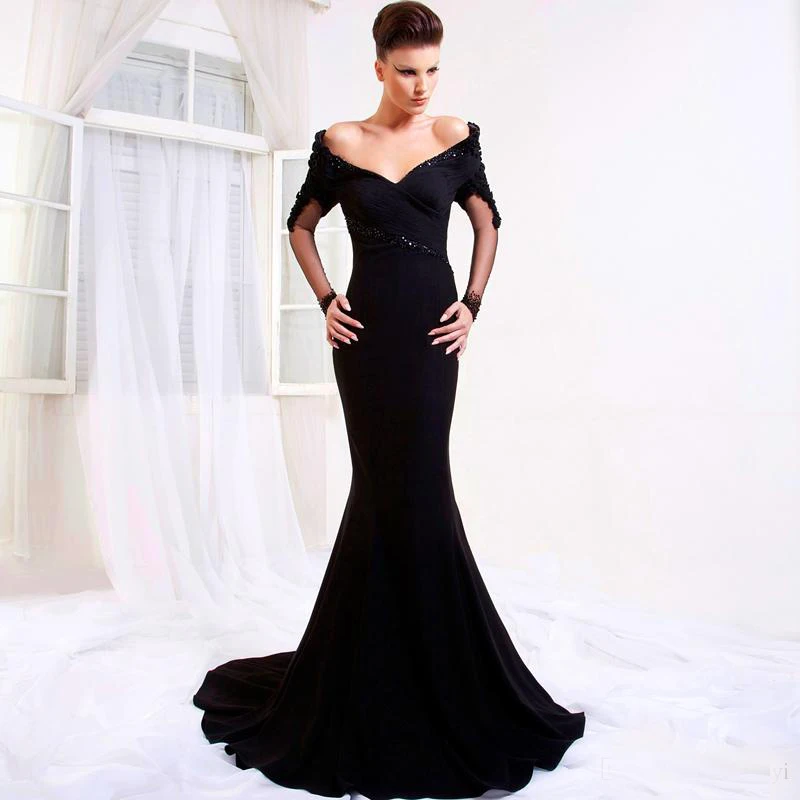 2017 arabic New Sexy Black Evening Dresses Off The Shoulder Long Sleeve Formal Party Gown from