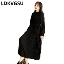 ขนาดใหญ่ขนาดฤดูใบไม้ผลิฤดูใบไม้ร่วงหญิง Retro Stand Collar ชุดชีฟองสีทึบแขนยาวหลวม Tie ผู้หญิงจีบชุด is1717(China)