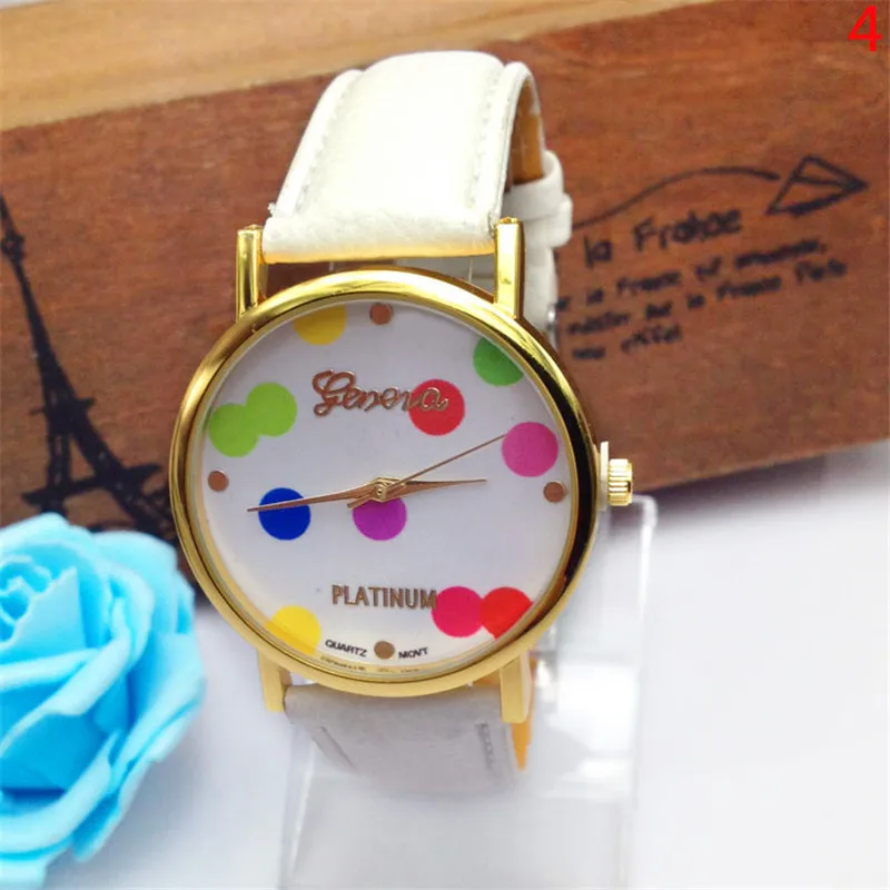 

2017 New Arrive Colorful Girl's Women's Sweet Small Dots Geneva Leather Quartz Wrist Watch 11 Colors Can Choose Free Shipping