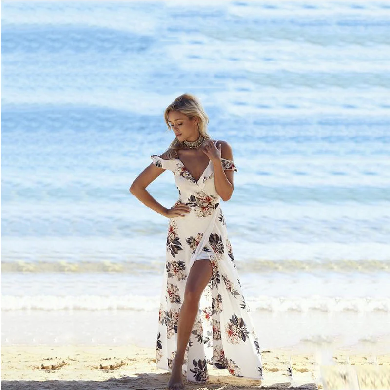 

2018 Summer Dresses Boho Beach Chiffon White Long Dress Women Floral Print Ruffes Dress Sexy Deep V Neck Maxi Dresses Vestidos