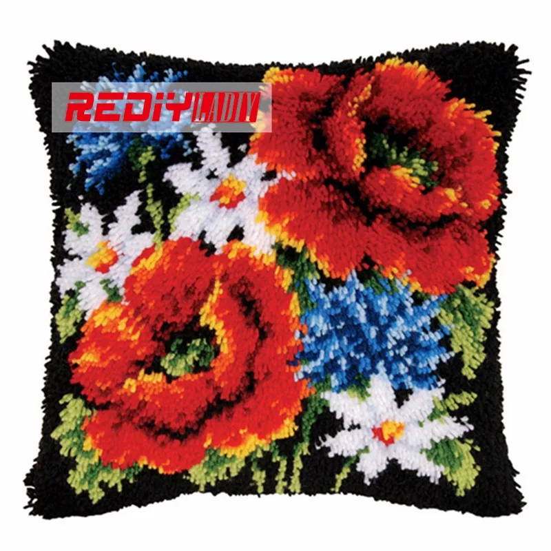 BZ436   LADIY Latch Hook Cushion Kit Yarn for Embroidery Cushion Cover Poppy & Daisy  Pillow Case Sofa Cushion Decorative Pillow BZ436