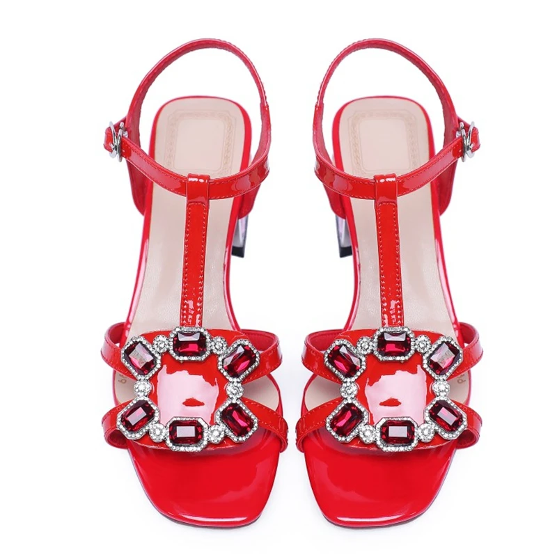 Ouqinvshen Red Rhinestone Sandals Sexy Fashion Buckle Strap Peep Toe Summer Sandals 2019 Square Heel High Heels Pumps Women 6CM Ouqinvshen Red Rhinestone Sandals Sexy Fashion Buckle Strap Peep Toe Summer Sandals 2019 Square Heel High Heels Pumps Women 6CM