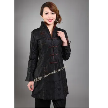 

Holiday Sale Black Female Silk Satin Long Jacket Mandarin Collar Outwear Button Casacos Femininos Costume Size S To XXXL T045
