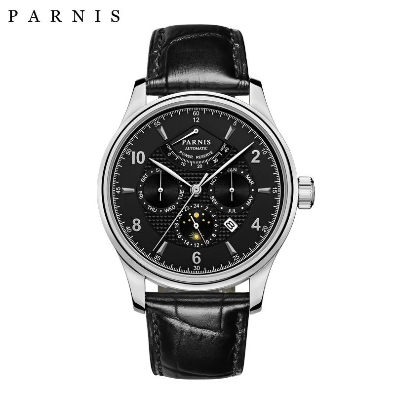 43mm Parnis Business Watch Men Power Reserve Moon Phase Mechanical Watches Leather Band Waterproof Automatic Watch Men 43mm Parnis Business Watch Men Power Reserve Moon Phase Mechanical Watches Leather Band Waterproof Automatic Watch Men