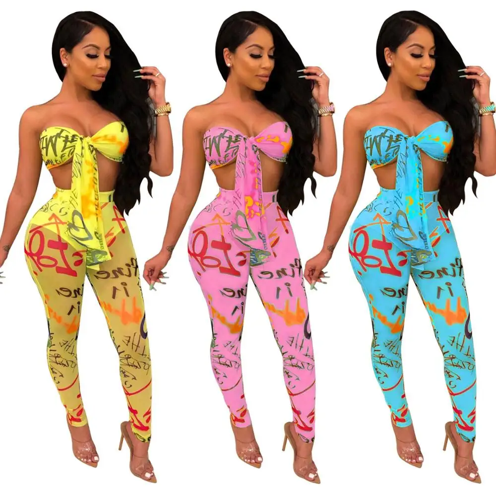 

Echoine Two Piece Sets Women Casual Sexy Umbilical Tube Top Pants Suits Graffiti Printing Mesh Playsuits Bow Beach Bodysuit Lady
