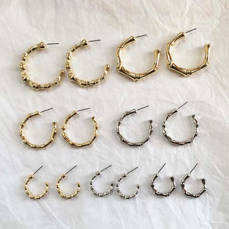 

Trendy Fashion Silver Gold Bamboo Skeleton C Stud Earrings for Women Minimalist Open Circle Earrings Vintage Jewelry