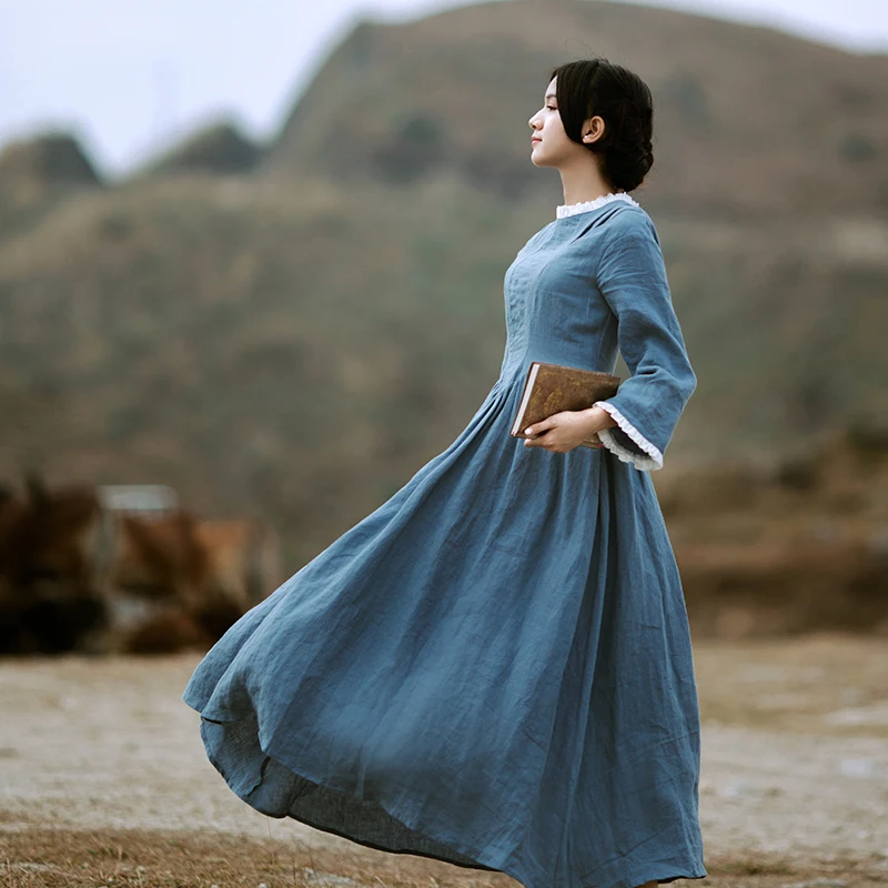 Весенне-осеннее женское льняное синее повседневное длинное платье с павлином, средневековое Ретро винтажное элегантное платье longue femme женская одежда