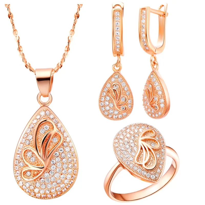 

Heart Rose Gold Color Wedding Jewelry Sets Women Fashion Set With AAA Zircon Butterfly Necklace and Earring Ring For Women
