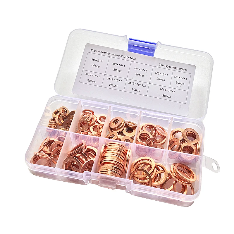 

200pcs/Set Solid Copper Washers Flat Ring Sump Plug Oil Seal Assorted Set Professional Car Accessories Kit Copper Ring Gasket