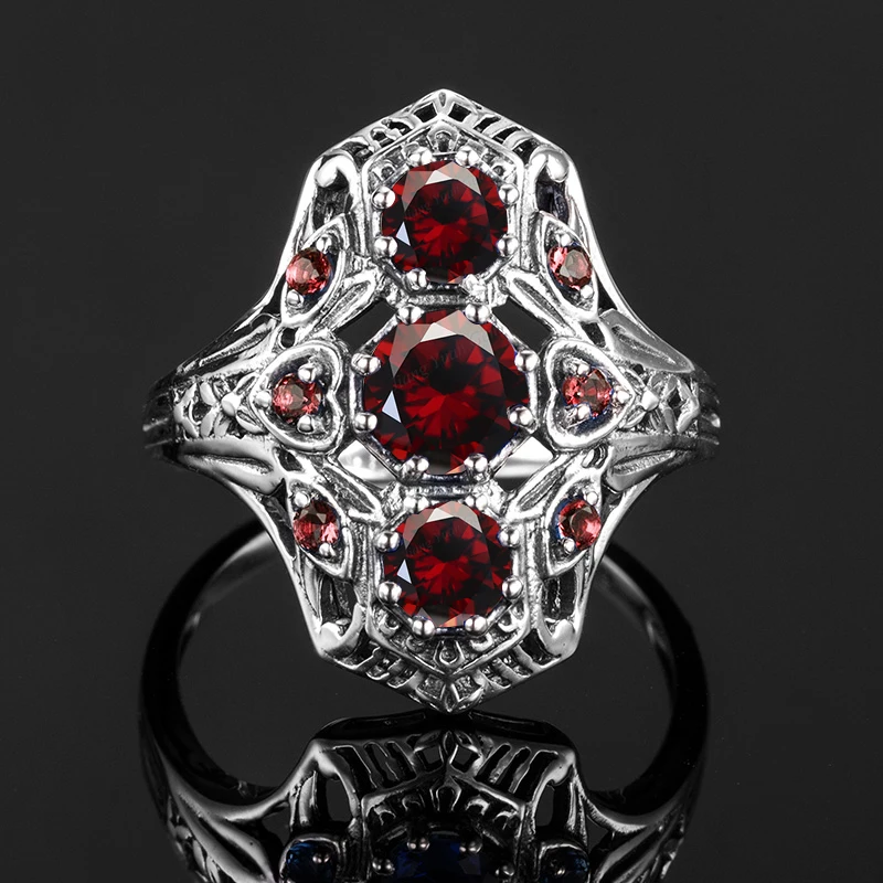 Szjinao Punk Red Stone Soild 925 Sterling Silver Ring Restoring Ancient Female Fashion Garnet Wedding Jewelry Big Order Price