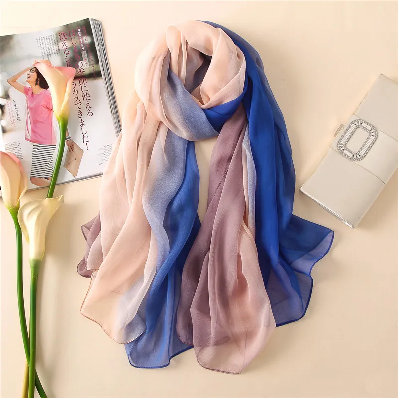 Мода, брендовый шелковый шарф, женские пашмины шарфы, шали и палантины, бандана, шарф для волос, мусульманский хиджаб, мусслин, платок для женщин - Цвет: B - 1 blue to violet