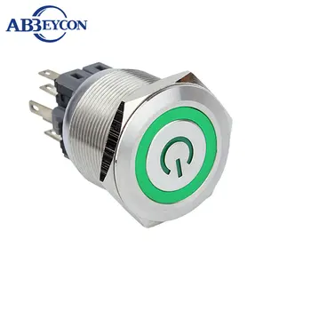 

ON/OFF Latching 25mm Stainless flat Round Top Waterproof 12V Green Ring LED Power Symbol Illuminated Silver Push Button Switch