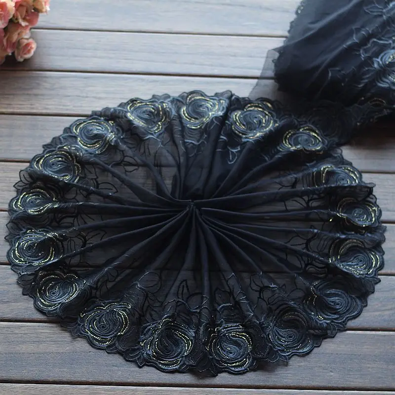 

Free shipping 2yards/lot 19cm wide gold rose Embroidered Tulle Lace trim mesh lace trim ~gold~high quality